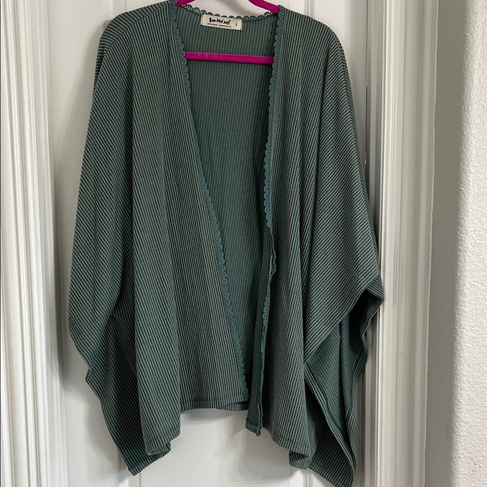 Never Worn - Three Bird Nest Green Striped Open Front Cardigan Size L